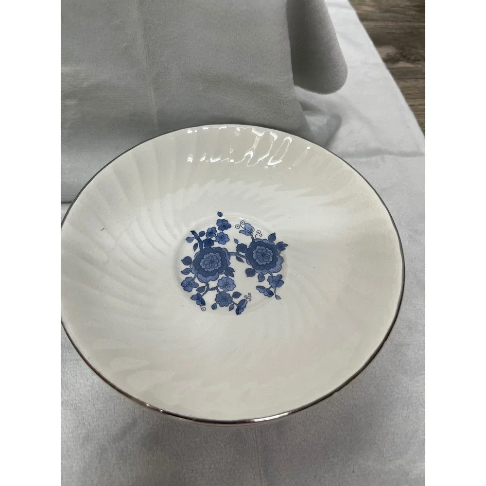 Enoch Wedgwood Royal Blue Ironstone Saucers‎ Set of 5 Floral Swirl White Blue